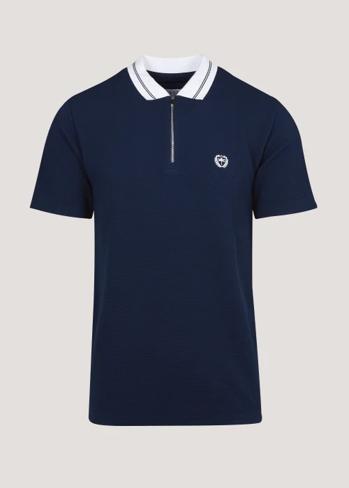 Navy Textured Zip Polo Shirt - S Image 5