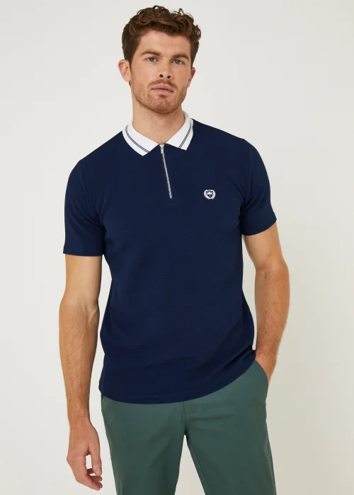 Navy Textured Zip Polo Shirt - S Image 1