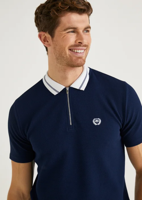 Navy Textured Zip Polo Shirt - S Image 3