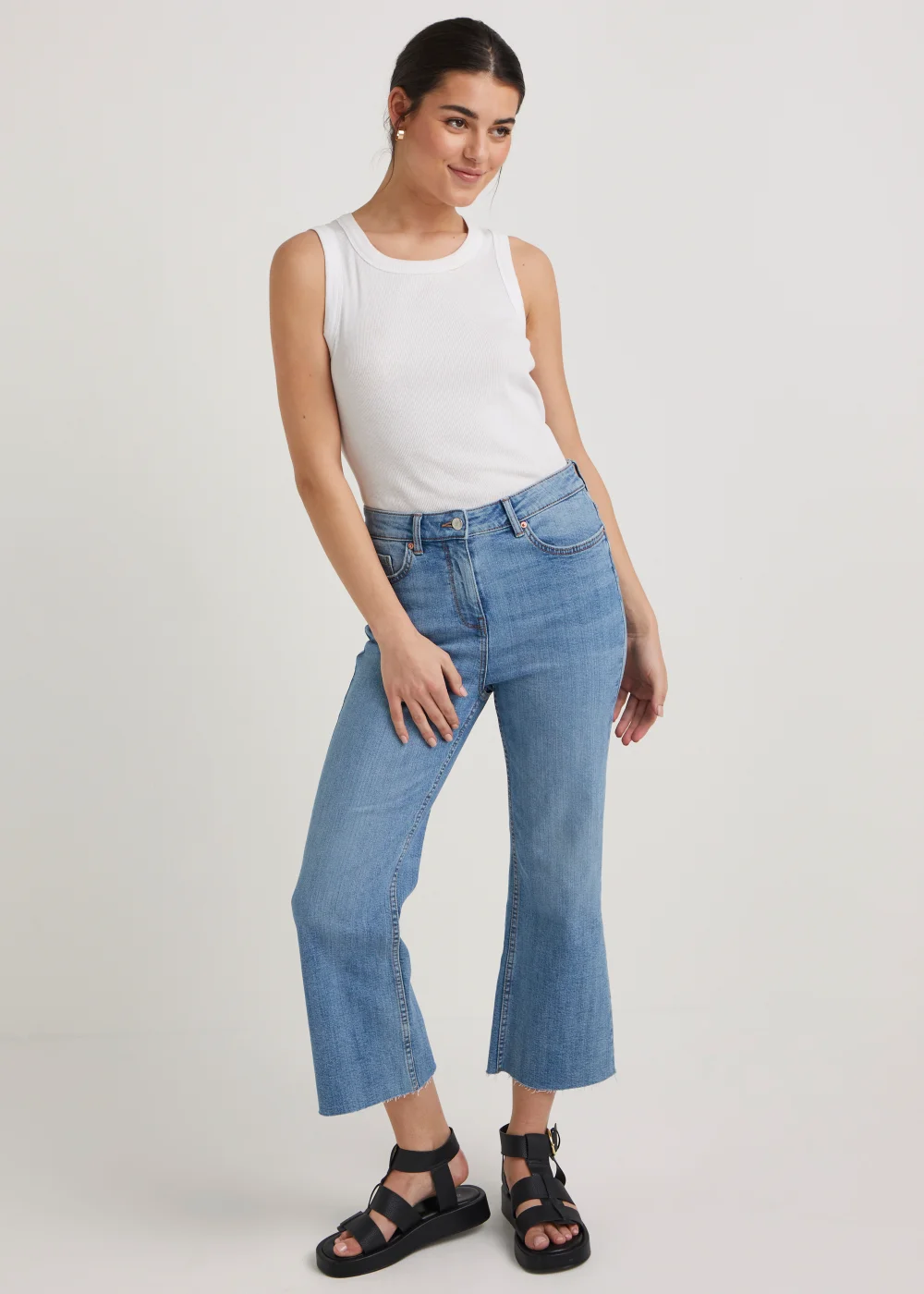 Mid Wash Cropped Flared Jeans - Size 8 Image 1