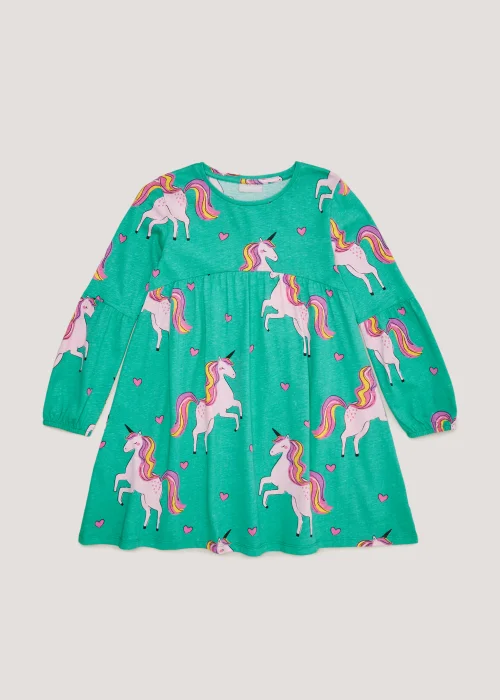 Girls Green & Pink Unicorn Long Sleeve Dress (4-13yrs) - 4 Yrs Image 1