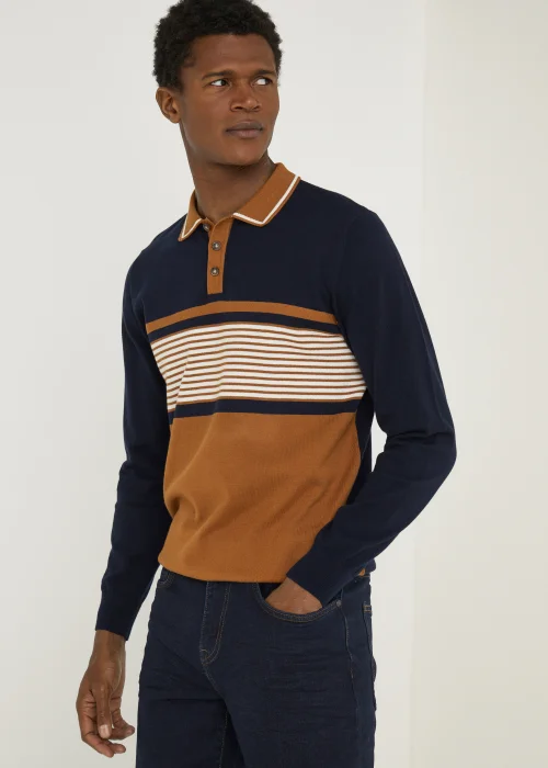 Navy & Tan Stripe Long Sleeve Polo Shirt - S Image 1