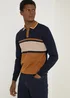 Navy & Tan Stripe Long Sleeve Polo Shirt - S Image 1
