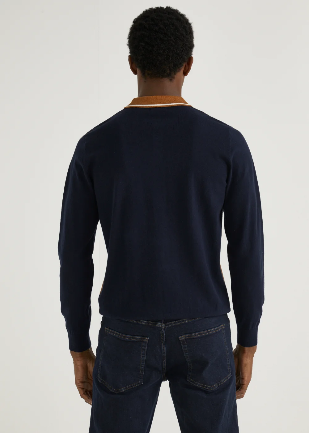 Navy & Tan Stripe Long Sleeve Polo Shirt - S Image 4