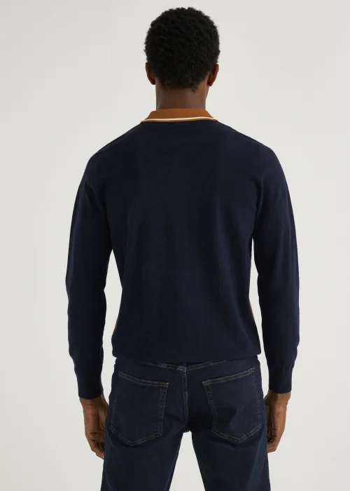 Navy & Tan Stripe Long Sleeve Polo Shirt - S Image 4