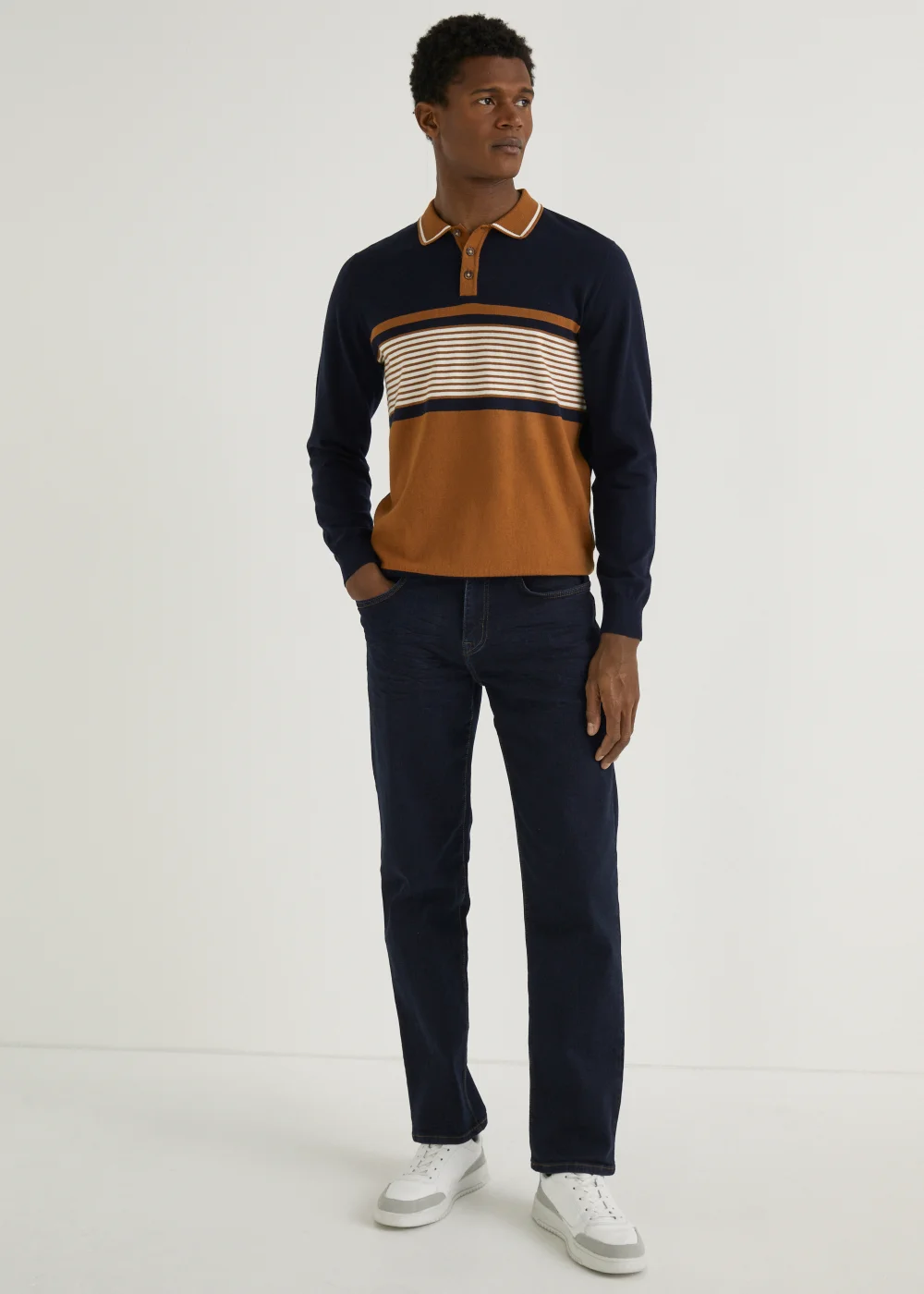Navy & Tan Stripe Long Sleeve Polo Shirt - S Image 5