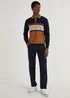 Navy & Tan Stripe Long Sleeve Polo Shirt - S Image 5