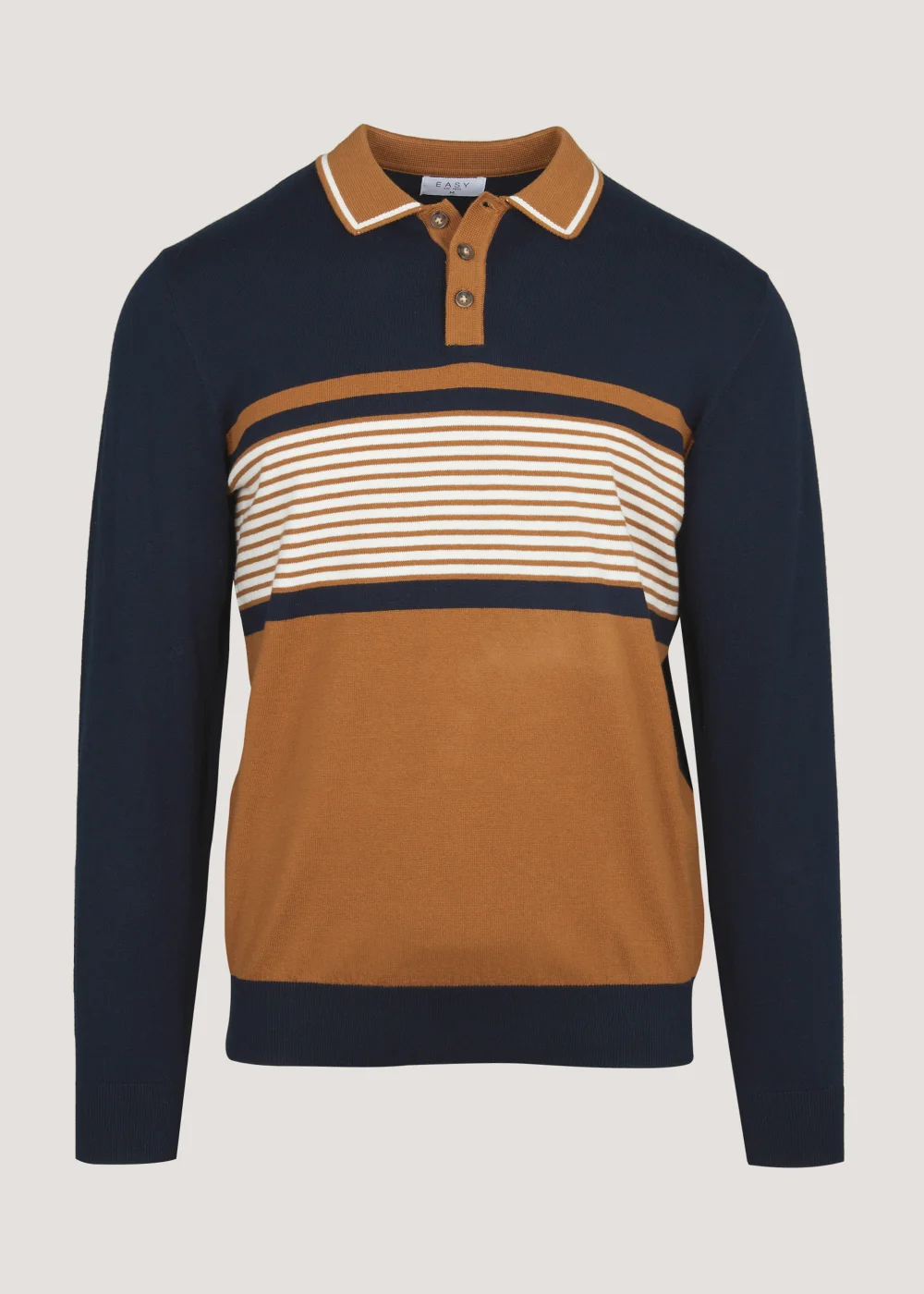 Navy & Tan Stripe Long Sleeve Polo Shirt - S Image 2