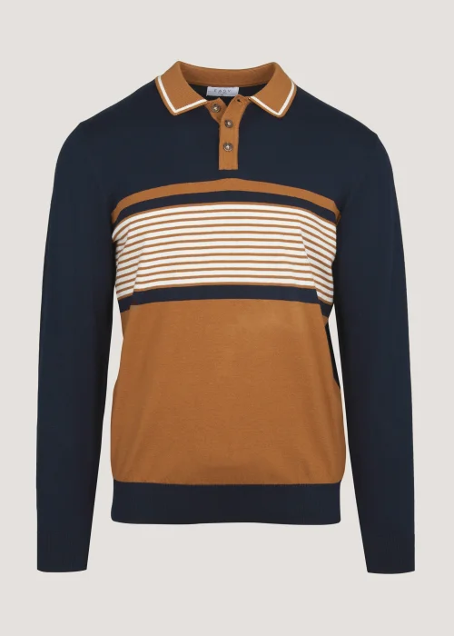 Navy & Tan Stripe Long Sleeve Polo Shirt - S Image 2