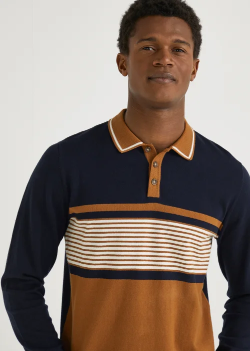 Navy & Tan Stripe Long Sleeve Polo Shirt - S Image 3