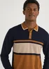Navy & Tan Stripe Long Sleeve Polo Shirt - S Image 3