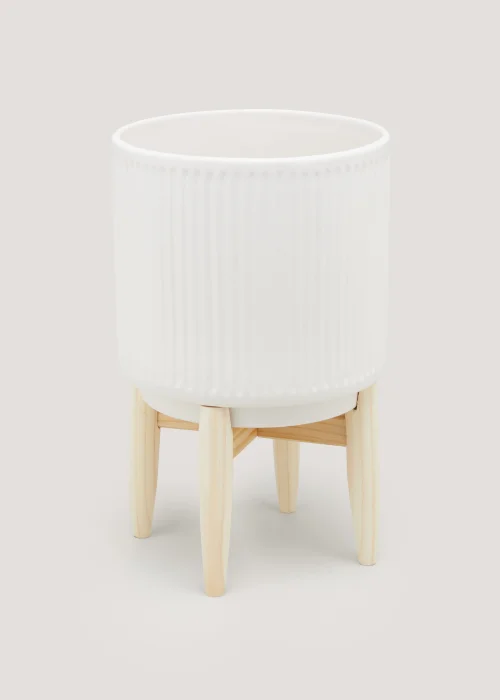 White Ribbed Ceramic Planter with Wood Stand (35cm x 18cm) Image 1