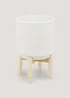 White Ribbed Ceramic Planter with Wood Stand (35cm x 18cm) Image 1