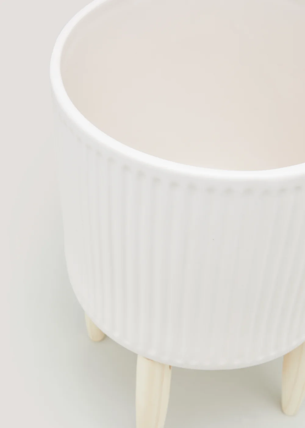 White Ribbed Ceramic Planter with Wood Stand (35cm x 18cm) Image 2