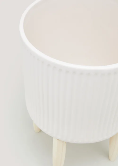 White Ribbed Ceramic Planter with Wood Stand (35cm x 18cm) Image 2