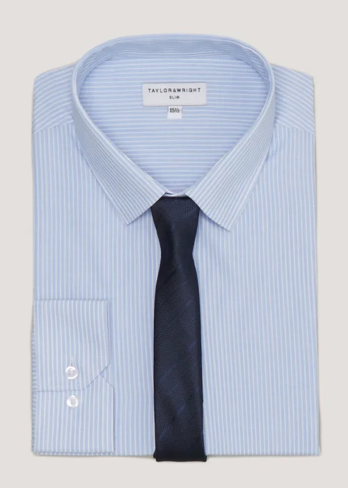 Taylor & Wright Blue Bengal Stripe Slim Fit Shirt & Tie Set - 15 Collar Image 1