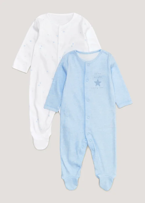 Baby 2 Pack White & Blue Sleepsuits (Newborn-23mths) - Newborn Image 1