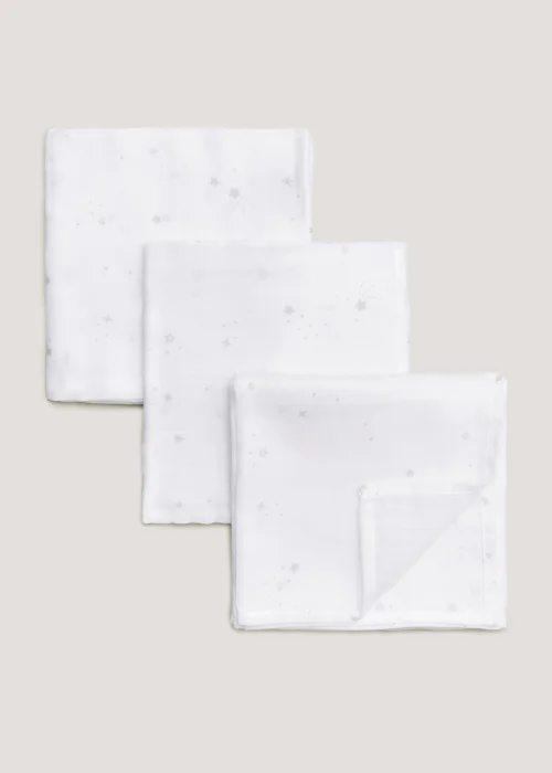 3 Pack White Star Muslin Cloths (73cm x 73cm) - One Size Image 1