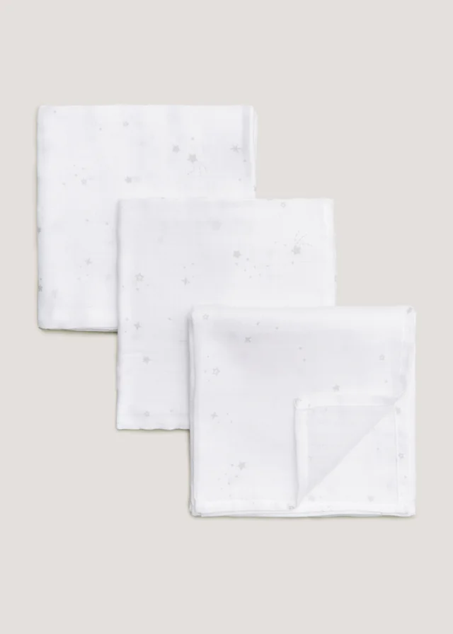 3 Pack White Star Muslin Cloths (73cm x 73cm)
