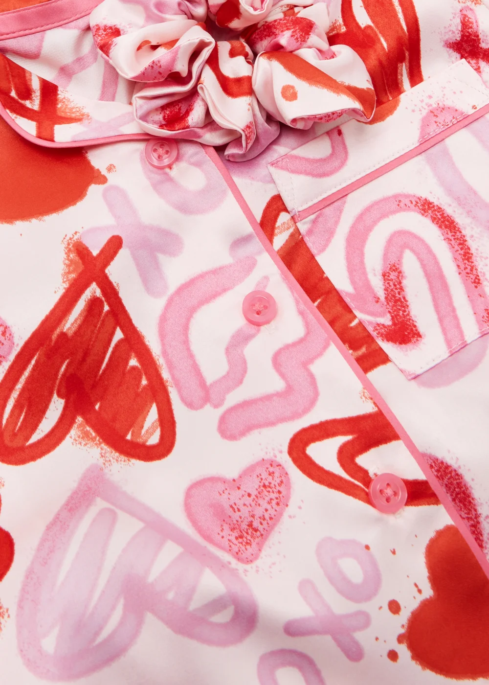 Girls Pink Heart Graffiti Satin Pyjama & Scrunchie Set (4-13yrs) - Age 4 Years Image 2