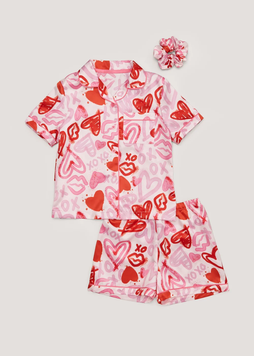 Girls Pink Heart Graffiti Satin Pyjama & Scrunchie Set (4-13yrs) - Age 4 Years Image 1