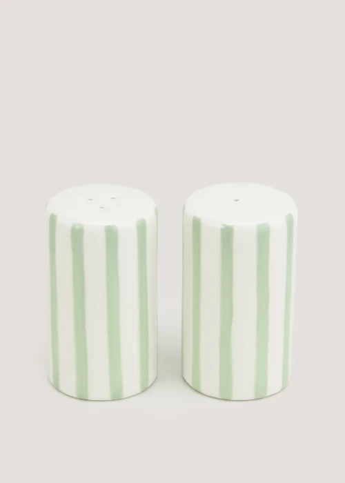 Cream & Green Stripe Salt & Pepper Shakers (7cm x 4cm) Image 1