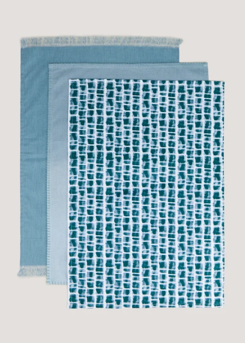 3 Pack Blue Plain & Print Tea Towels Image 1