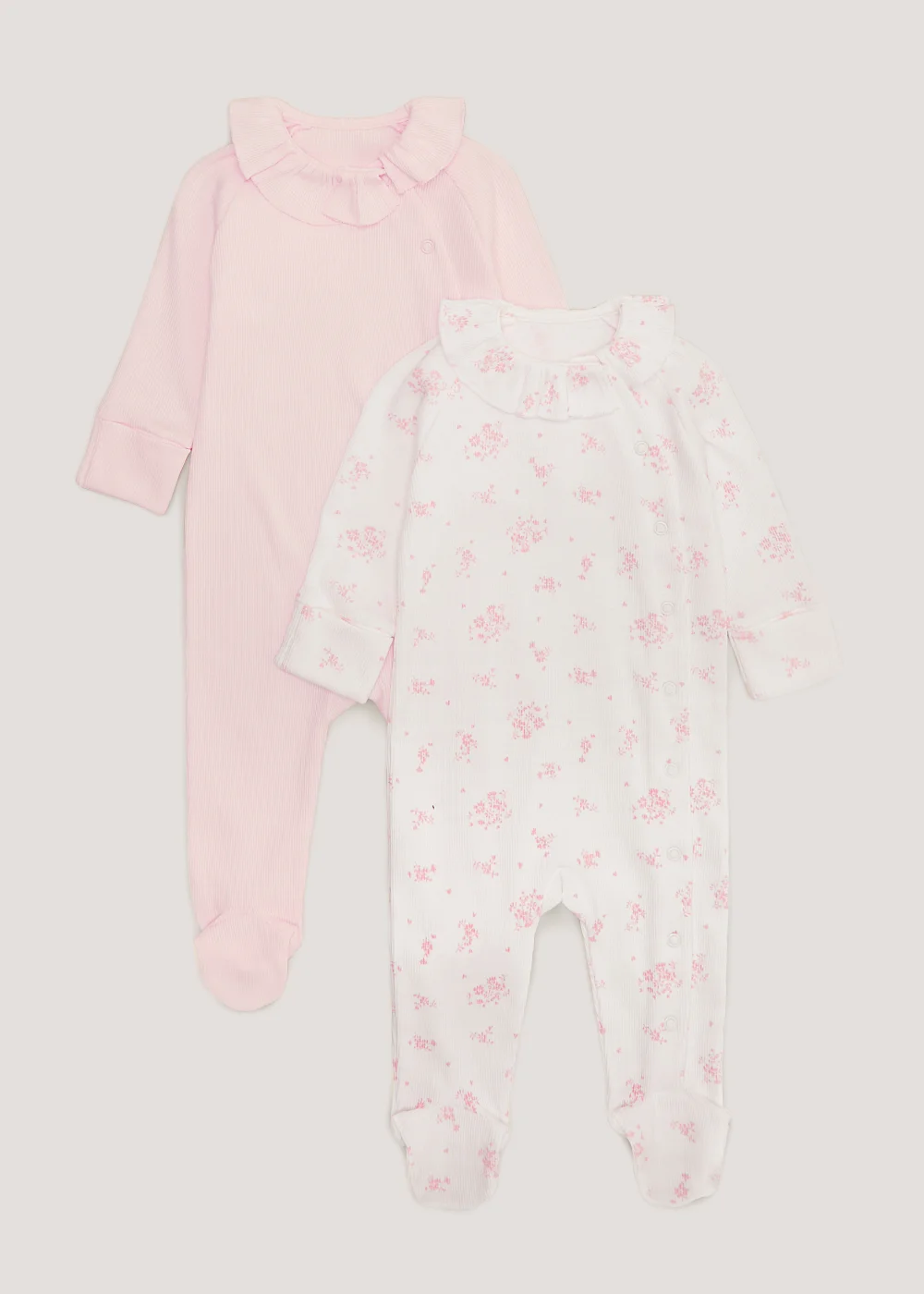 Baby 2 Pack Frill Collar Sleepsuits (Newborn-12mths) - Newborn Image 1