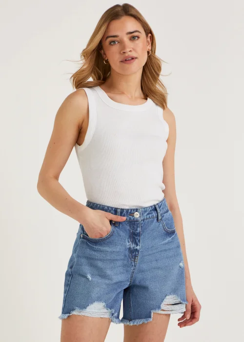 Mid Wash Ripped Denim Shorts - 8 Image 1