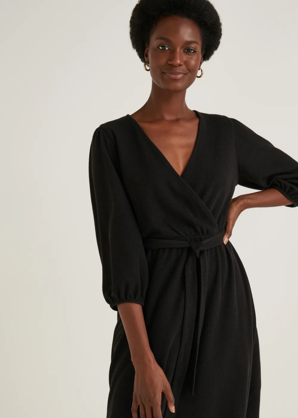 Papaya Petite Black Ribbed Mini Wrap Dress - 6 Image 4