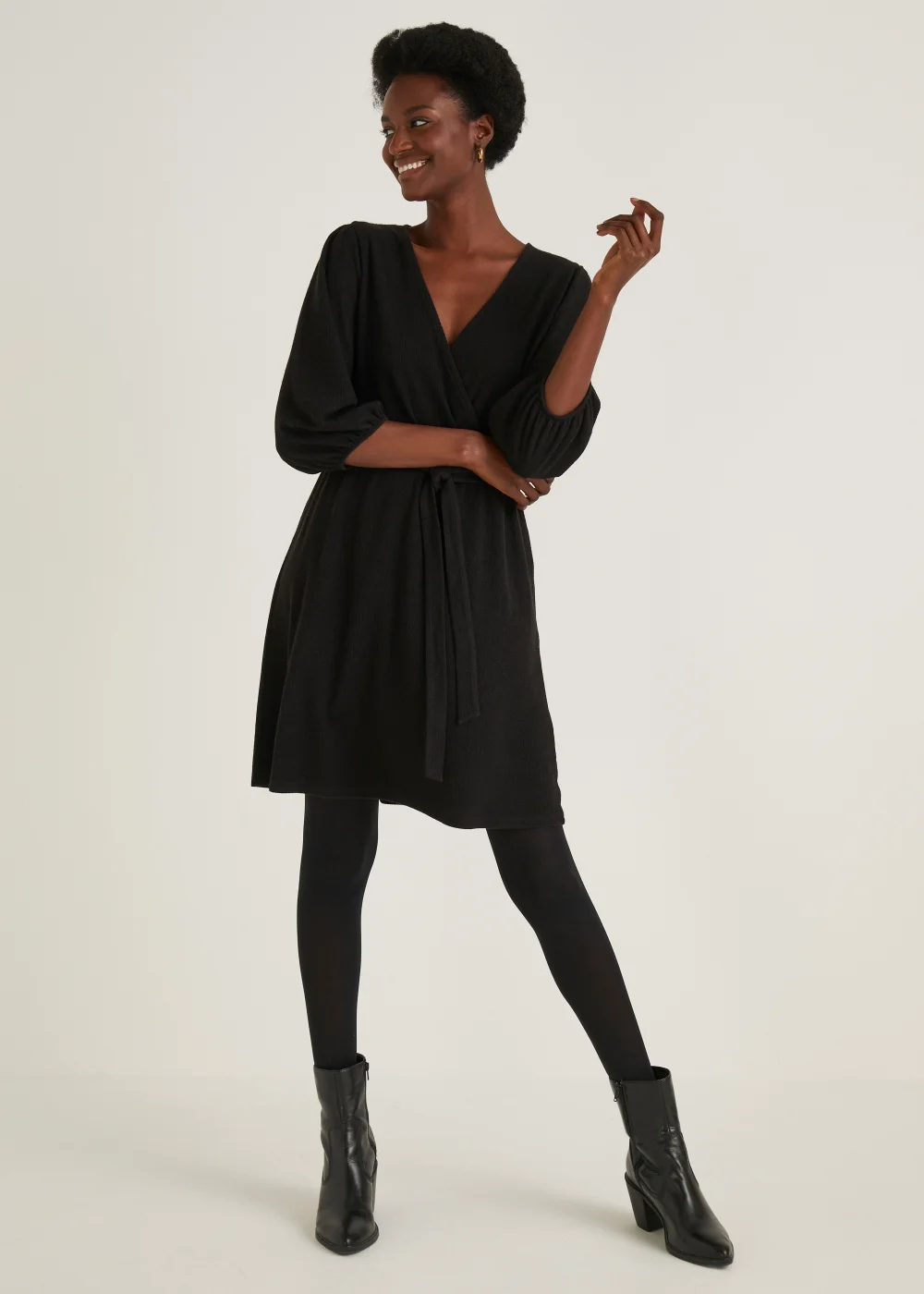 Papaya Petite Black Ribbed Mini Wrap Dress - 6 Image 5