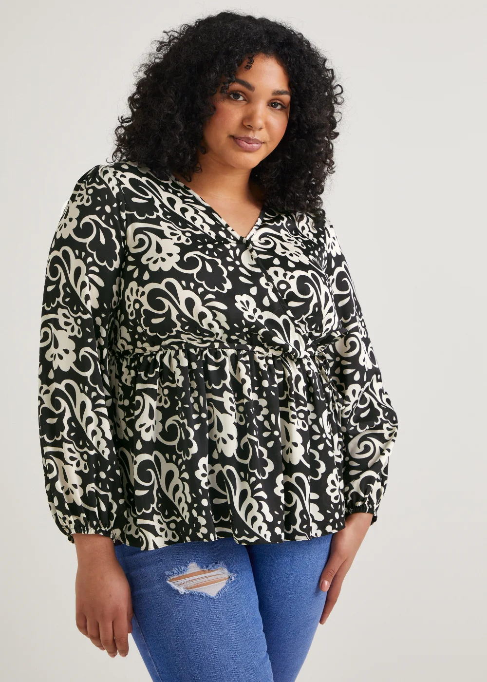 Papaya Curve Black & White Print Wrap Satin Blouse - 18 Image 1
