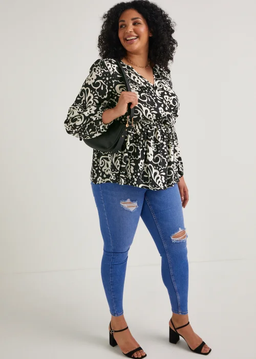 Papaya Curve Black & White Print Wrap Satin Blouse - 18 Image 2