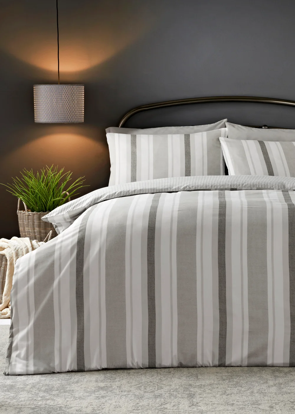 Grey Stripe Reversible Duvet Cover - Double Image 1