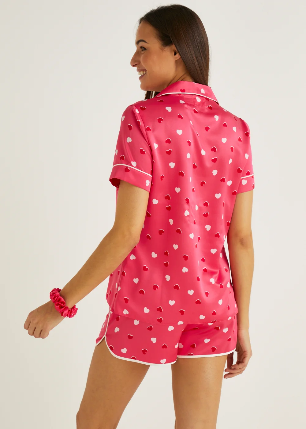 Pink Heart Satin Button Up Pyjama & Scrunchie Set - Size 8 Image 2
