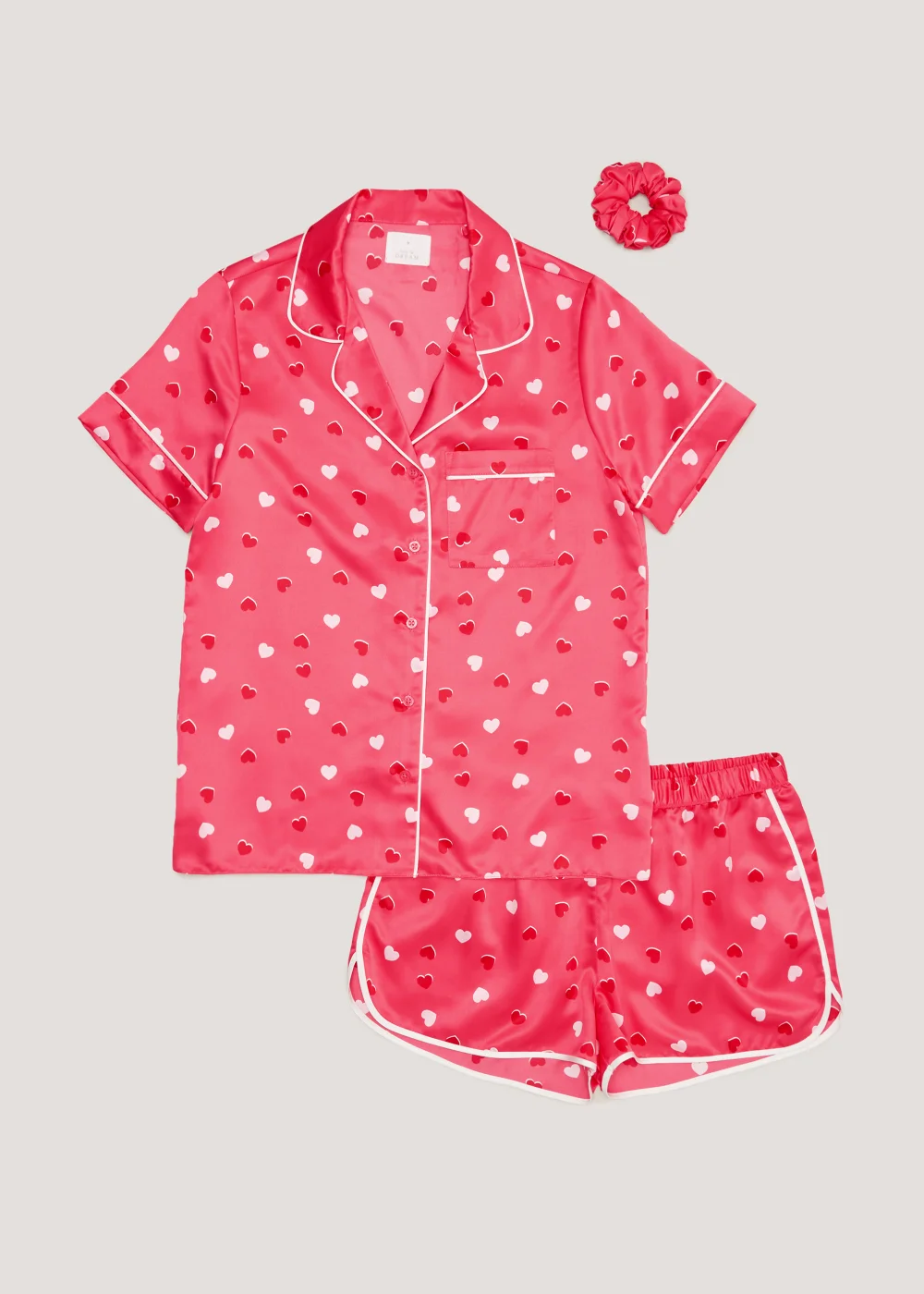 Pink Heart Satin Button Up Pyjama & Scrunchie Set - Size 8 Image 4