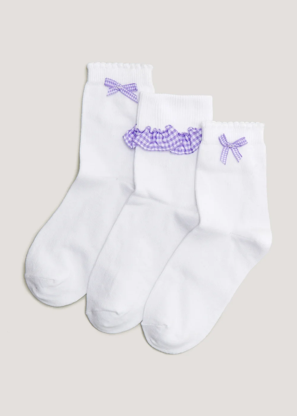Girls 3 Pack White & Lilac Gingham Socks (Younger 6-Older 5.5) - 4-5.5 Image 1