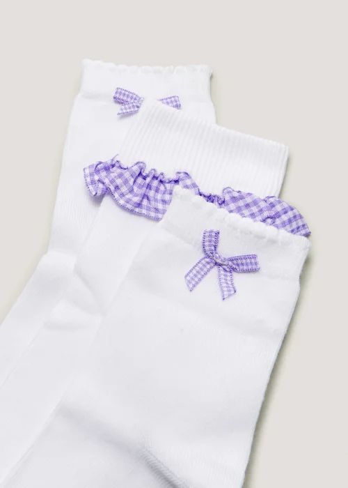 Girls 3 Pack White & Lilac Gingham Socks (Younger 6-Older 5.5) - 4-5.5 Image 2