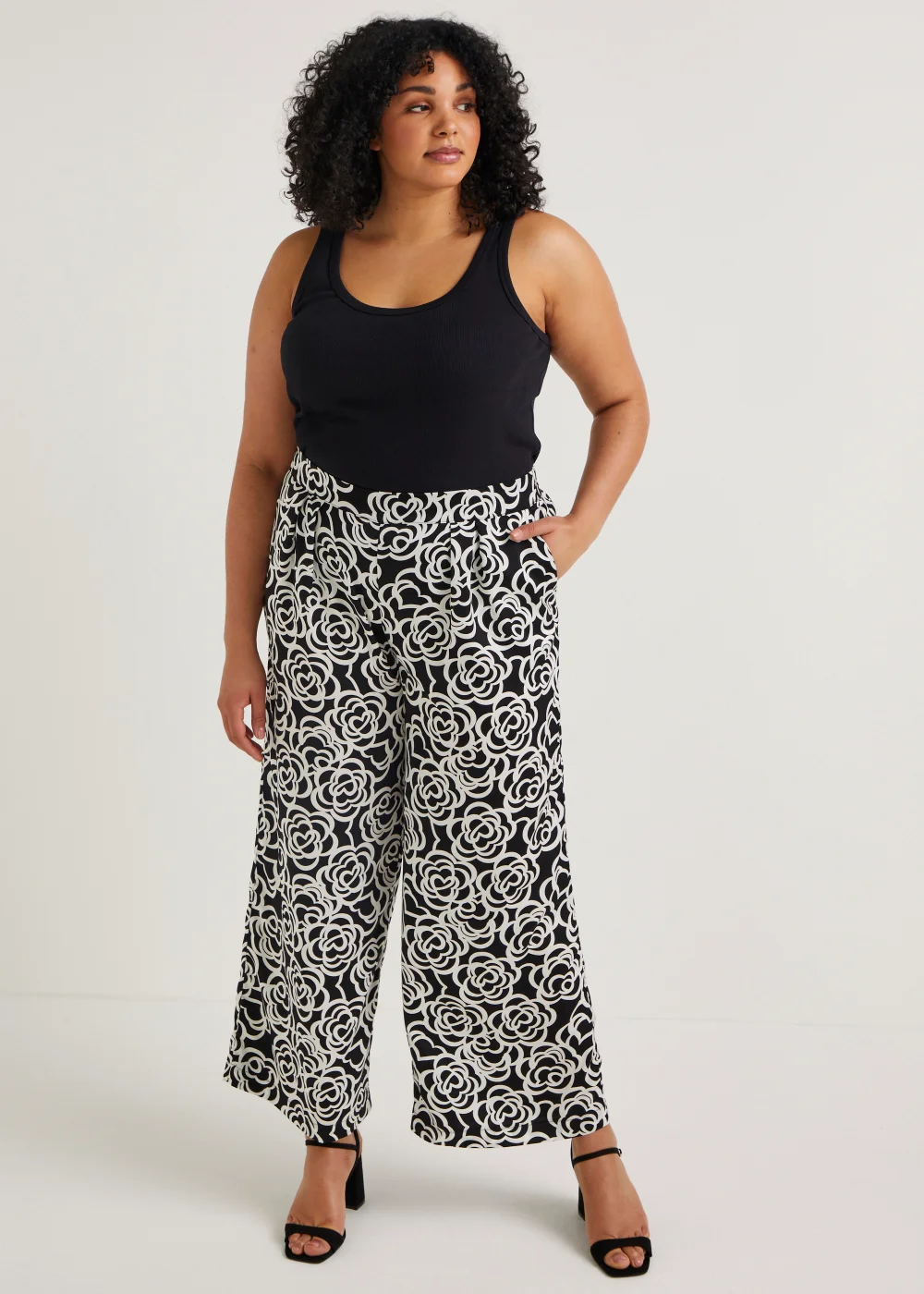 Papaya Curve Monochrome Floral Wide Leg Satin Trousers - 18 Image 1