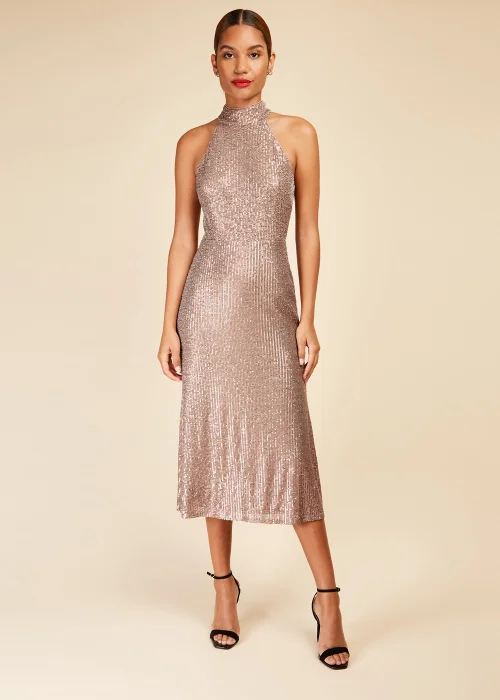 Little Mistress Gold Sequin Halter Neck Dress - 6 Image 1