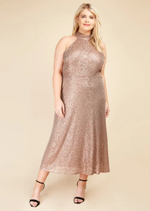 Little Mistress Gold Sequin Halter Neck Dress - 6 Image 4