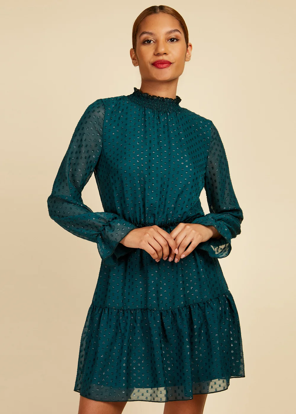 Little Mistress Green Metallic Dobby Chiffon Mini Dress - 10 Image 1