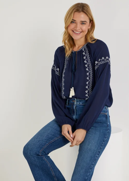 Navy Embroidery Blouse - Size 8 Image 5