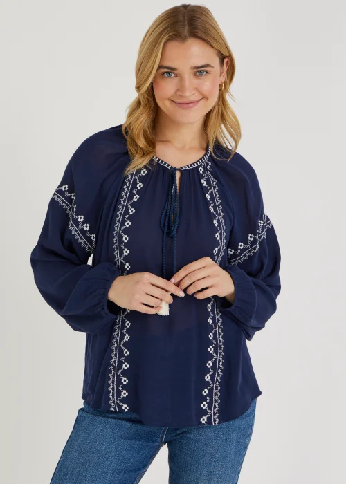Navy Embroidery Blouse - Size 8 Image 1