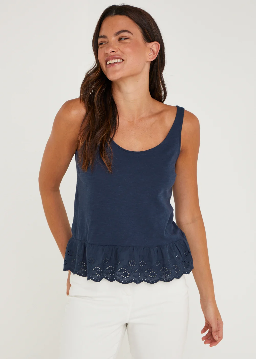 Navy Schiffley Hem Vest Top - Size 8 Image 1