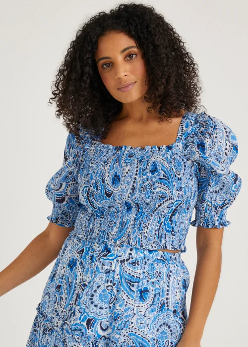 Blue Paisley Shirred Co-Ord Crop Top - Size 8 Image 1