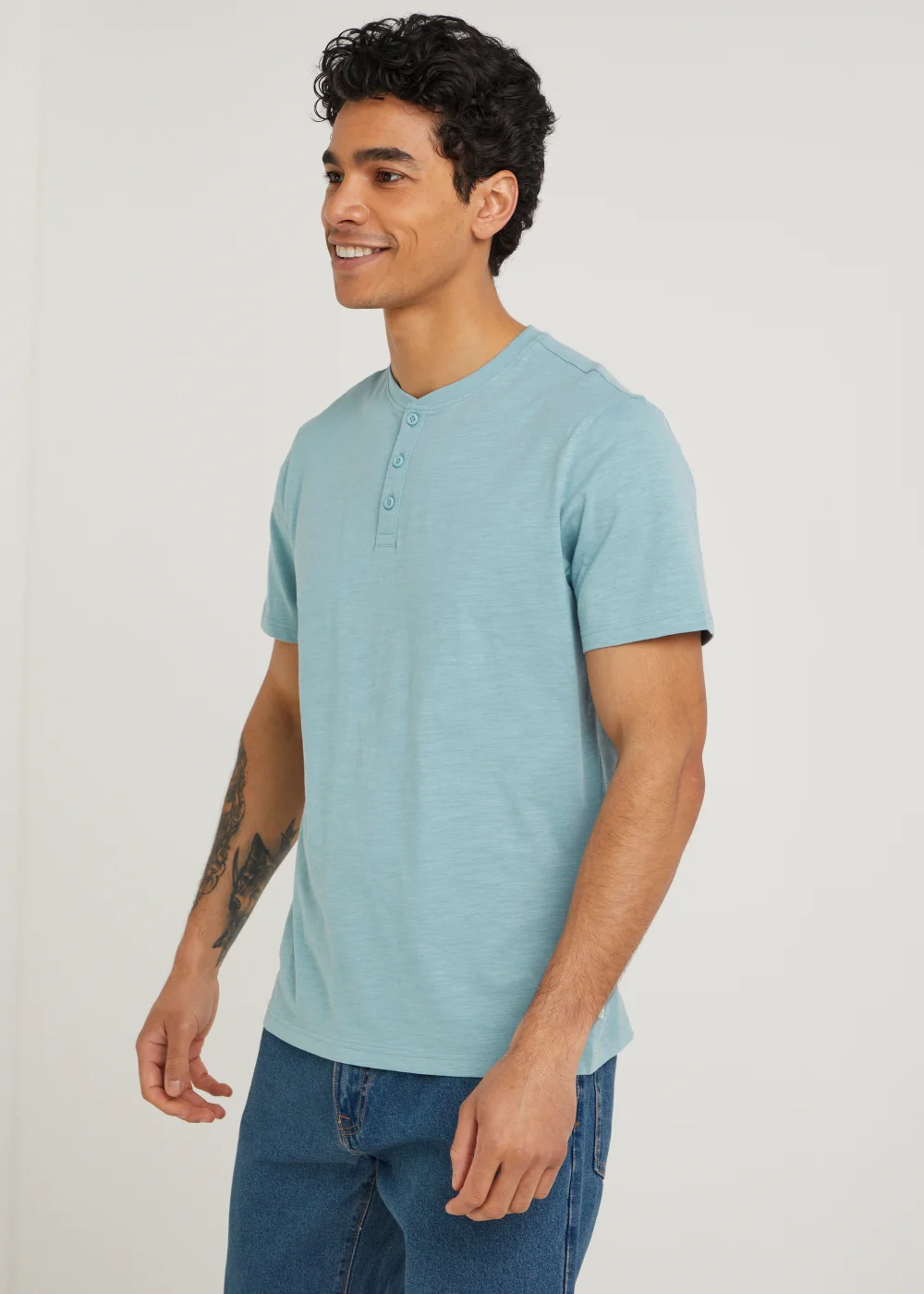 Teal Grandad Collar T-Shirt - Small Image 1