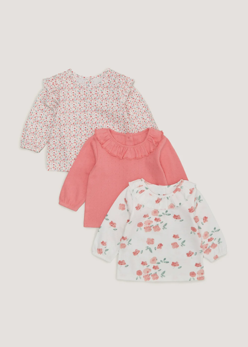 Baby 3 Pack Frill Long Sleeve T-Shirts (Newborn-23mths) - Newborn Image 1