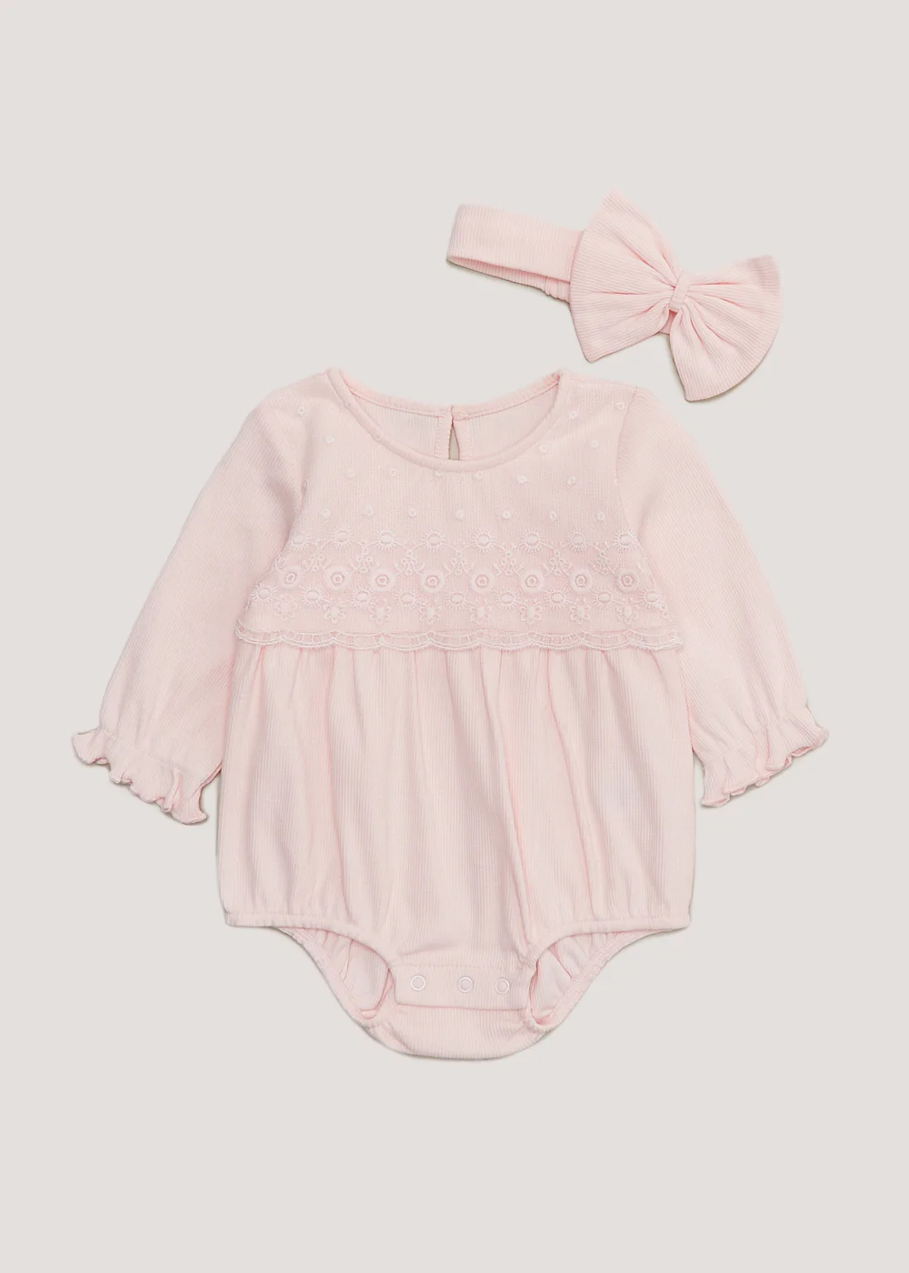 Baby Pink Lace Ribbed Romper & Headband Set (Newborn-18mths) - Up to 1 Month Image 1
