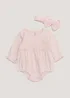 Baby Pink Lace Ribbed Romper & Headband Set (Newborn-18mths) - Up to 1 Month Image 1